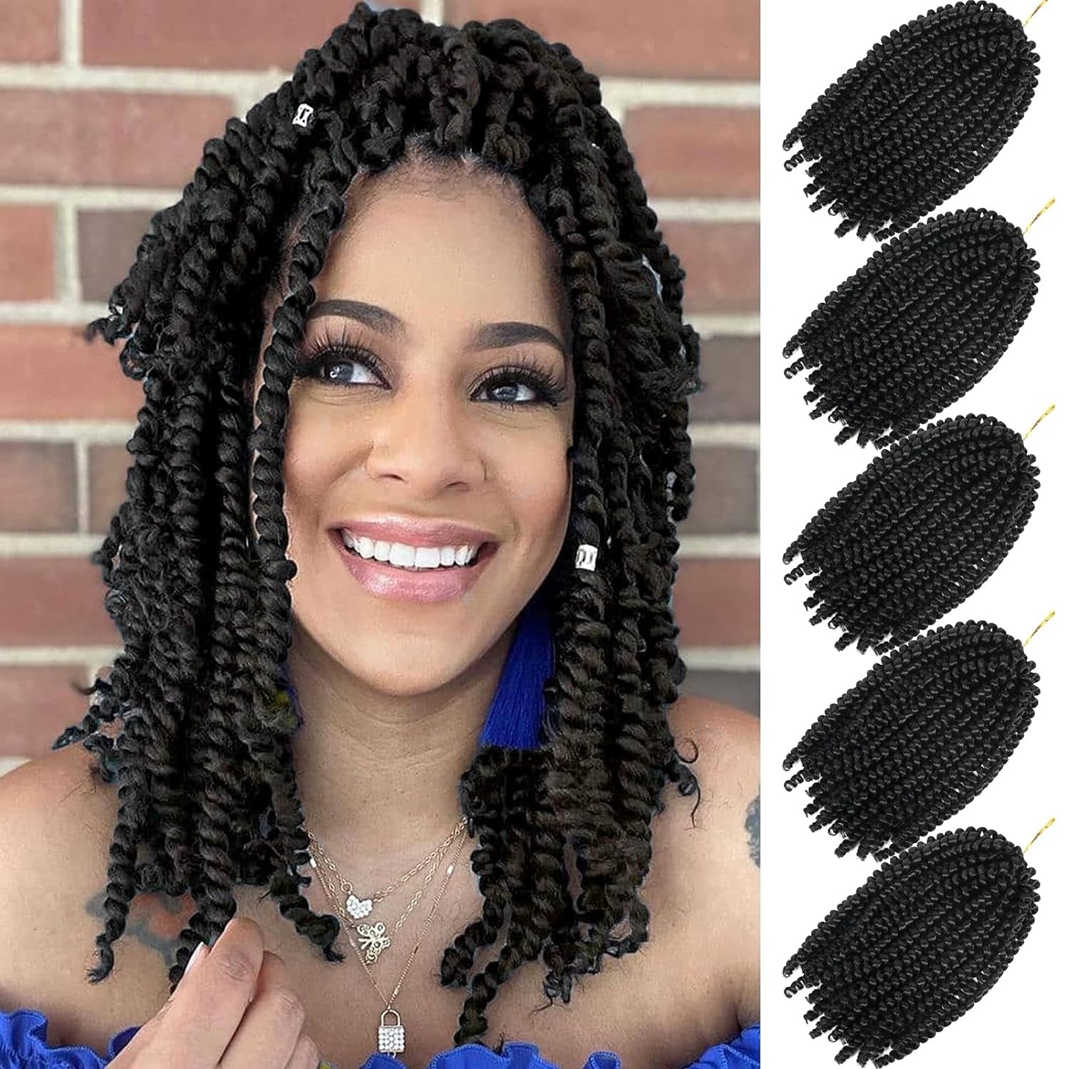 Spring Passion Twist Hair 8 Inch Fluffy Spring Twists Bomb Twist Hair Synthetic Fiber Low Temperature for Black Women Braiding Crochet Braids Hair (1B), 5 Packs