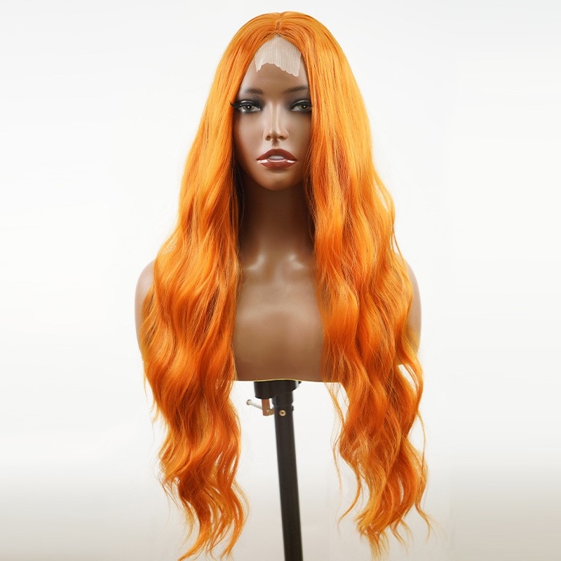 Factory Wholesale European and American Cross-border Synthetic Wig Ginger Orange Long Curly Natural Lace Front Hairpiece