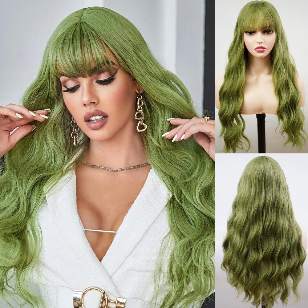 Wholesale Cross-border Foreign Trade Synthetic Wig, Green Air Bangs with Mechanism and Rose Net Center Parting Wavy Hair Cap