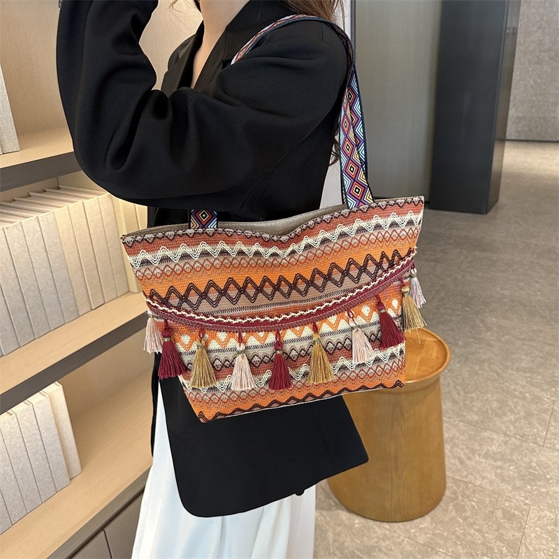 Ethnic Pattern Commuter Tote - Elegant Early Fall Handbag