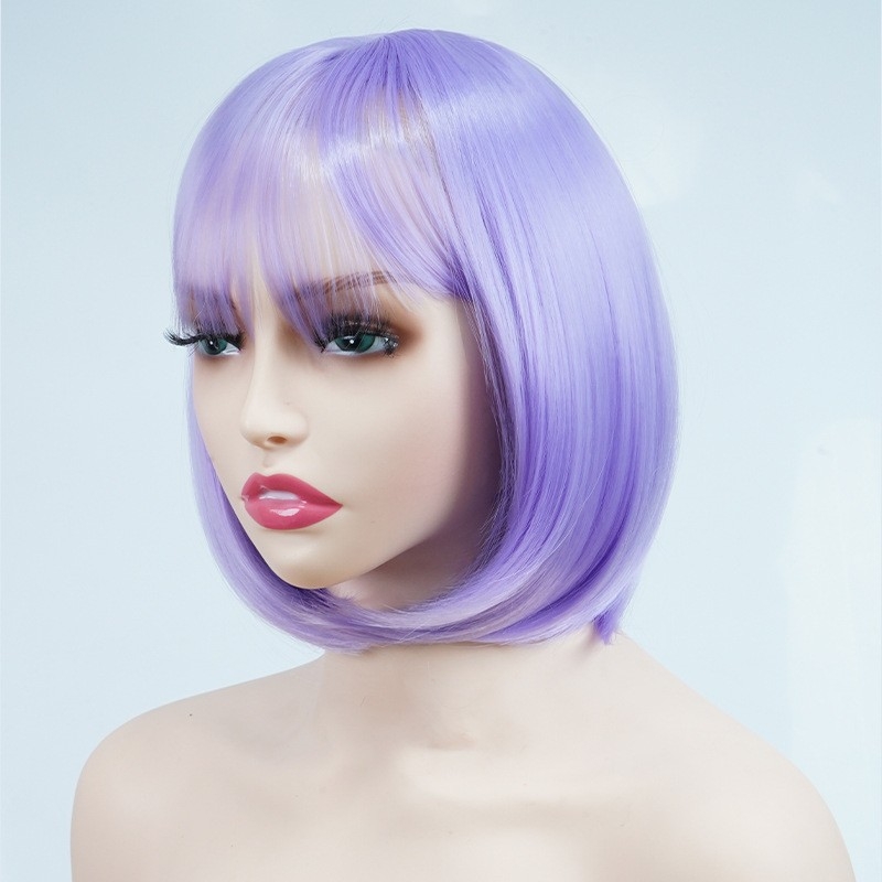 Wholesale chemical fiber short straight full head cosplay wigs with bangs Rose net purple wigs