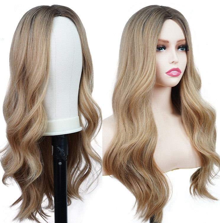 Wholesale Europe and the United States cross-border chemical fiber high-temperature silk wigs flax-colored waves in the long curly hair full head set