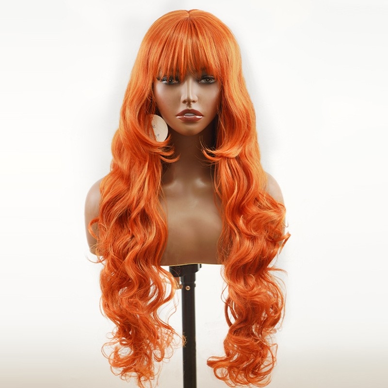 Wholesale European and American cross-border foreign trade wigs Ginger orange long curly hair large wavy fringe and sideburns wigs