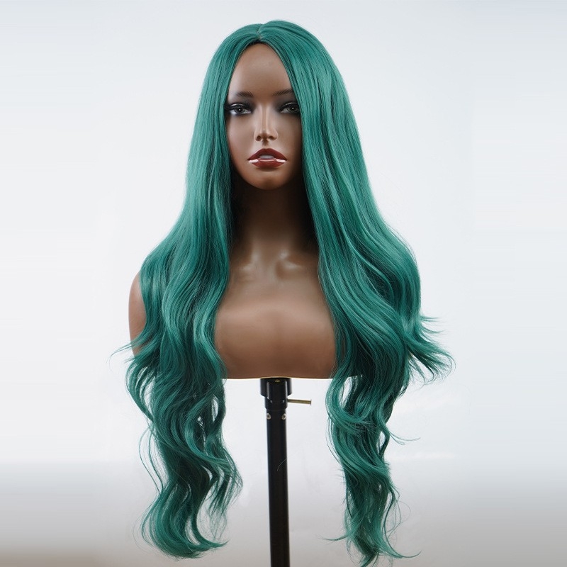 The new cartoon cosplay chemical fiber wigs fully set European and American cross-border simulation of long curly hair deep sea green wigs