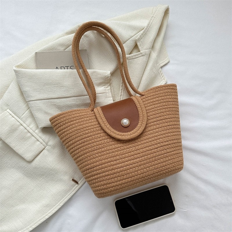 Pearl-Adorned Woven Shoulder Tote, 2024: Handmade Cotton Hobo Styled for Seaside and Workweek Chic