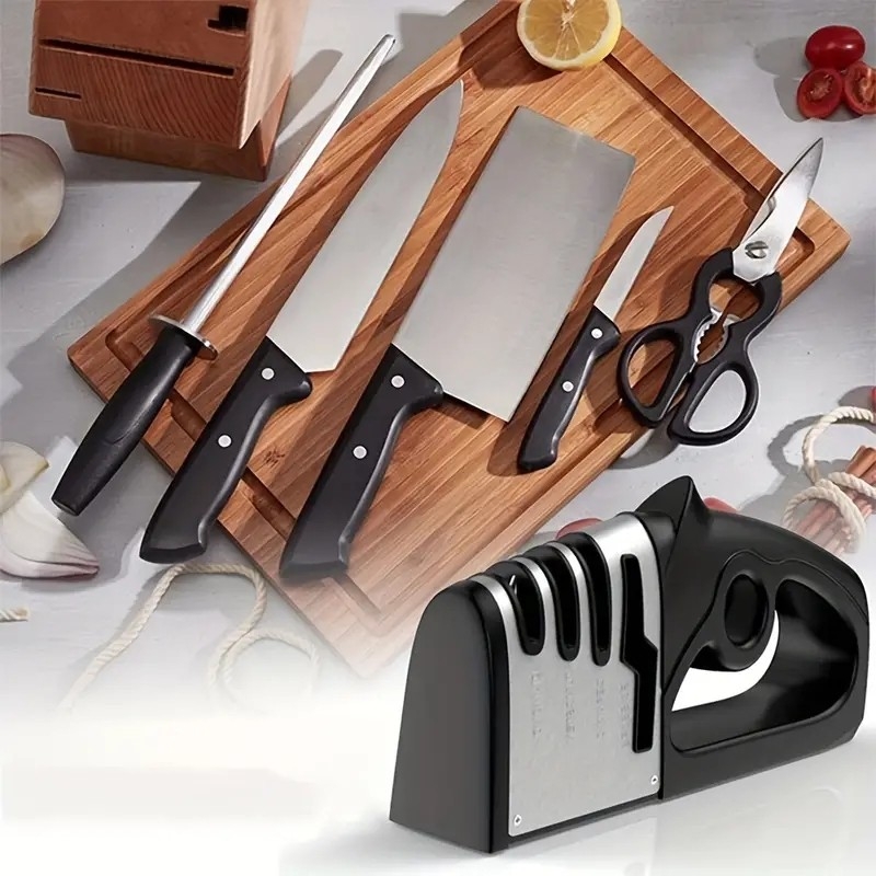 1pc, 4in1 Knife Sharpener, Knife Sharpeners For Kitchen Knives, Multifunctional Knife Sharpener For Scissors, Kitchen Knife Sharpener With Handle, Household Sharpening Stone, Kitchen Gadget, Kitchen Stuff