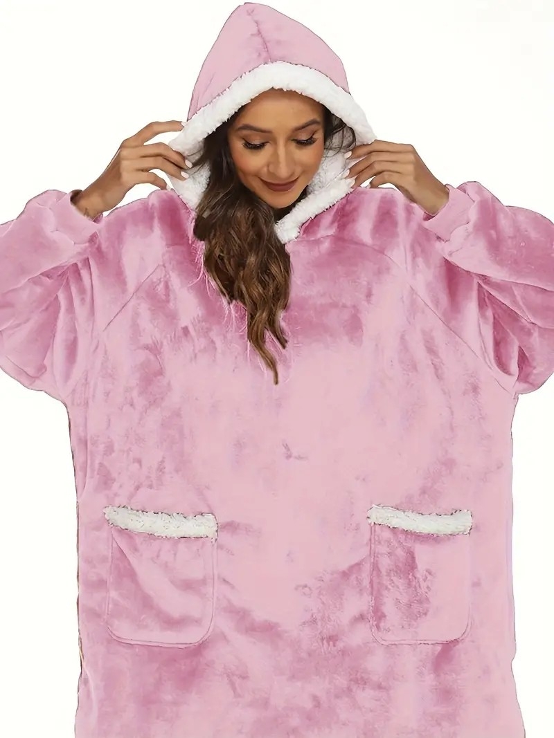 Plus Size Casual Loungewear Robe, Women&#039;s Plus Thickened Sherpa Fleece Warm Extra Long Oversized Wearable Blanket With Pockets