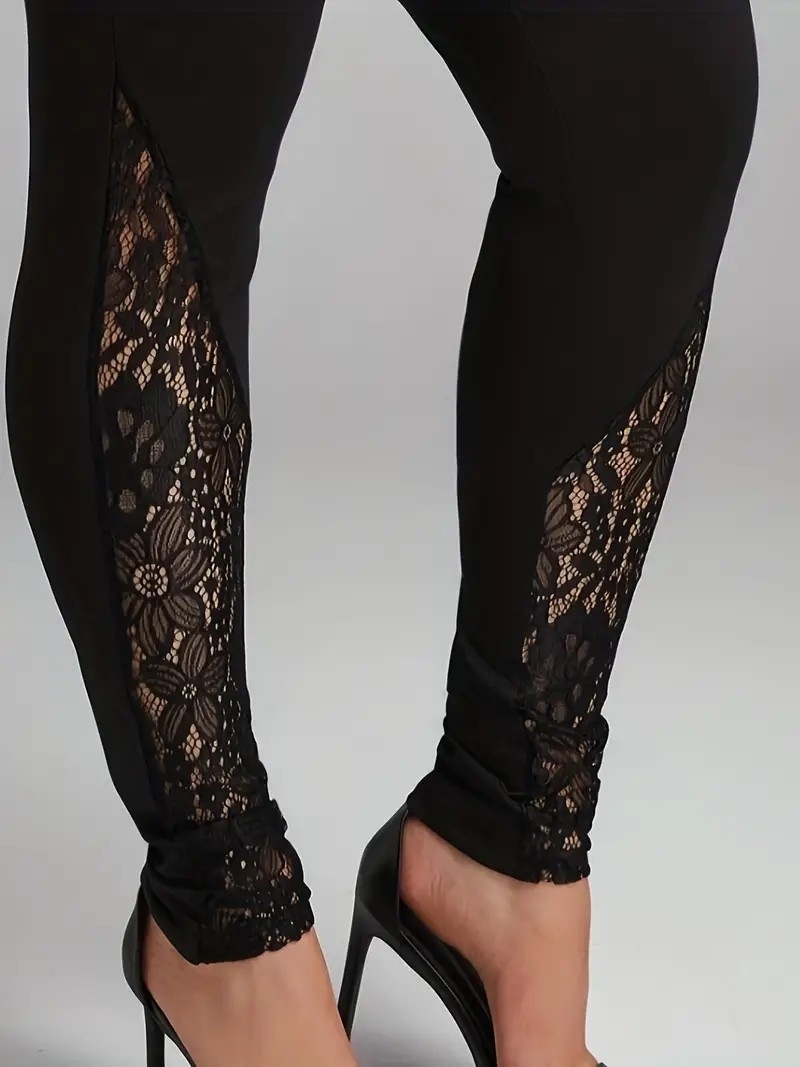 Plus Size Sports Leggings, Women&#039;s Plus Solid Contrast Lace Skinny High Stretch Leggings