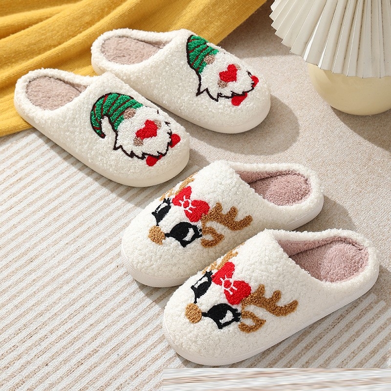 2024 Christmas New Cotton Slippers, Foreign Trade Cross-Border Anti-slip Plush, Warm and Anti-slip Plus Velvet Embroidery