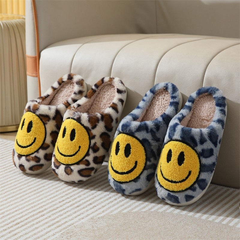 Cross-Border Explosive Winter Cute Smiley Face Cotton Slippers Wholesale, Indoor Non-slip Autumn Household Cartoon Plush Slippers for Women