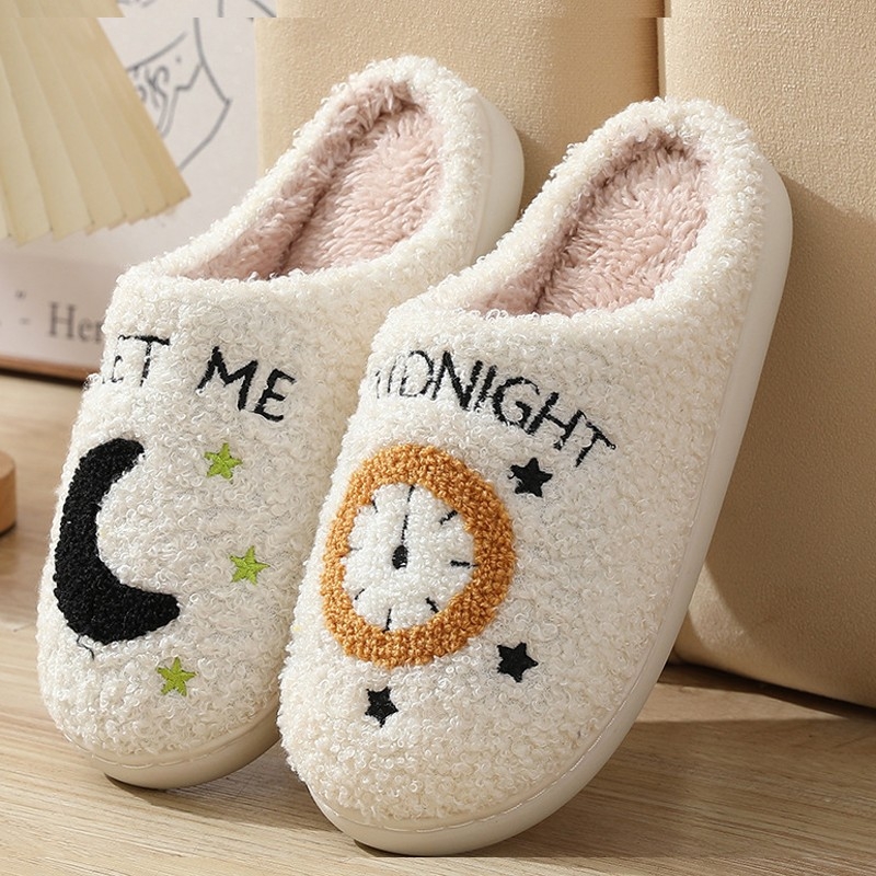 Cross-Border Explosive Winter Moon Alarm Clock Cotton Slippers Wholesale, Indoor Non-slip Autumn Household Cartoon Plush Slippers for Women