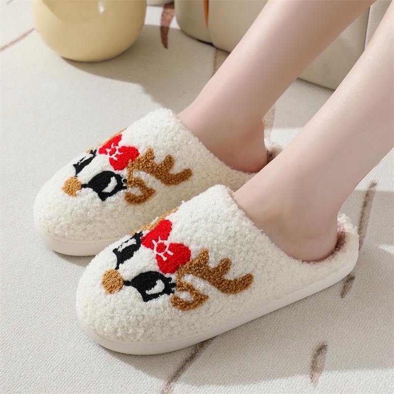 New Christmas Fox Cotton Slippers for Men and Women, Cute Cartoon Home Anti-slip Couple Indoor Plush Cotton Shoes