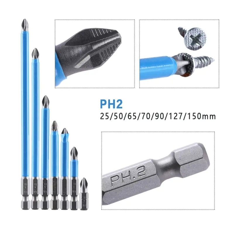 7pcs Magnetic Anti-Slip Screwdriver Drill Bit Set - PH2 Phillips Bits 25mm-150mm for Hand Tools