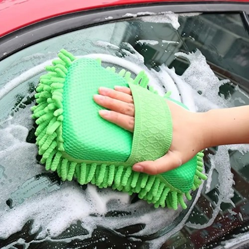 1pc Car Wash Mitt Chenille Microfiber Wash Sponge Scratch Free, Ultra Absorbent Microfiber Waffle Drying Towel For Car Detailing, Green, 9.05in*5.11in*2.75in