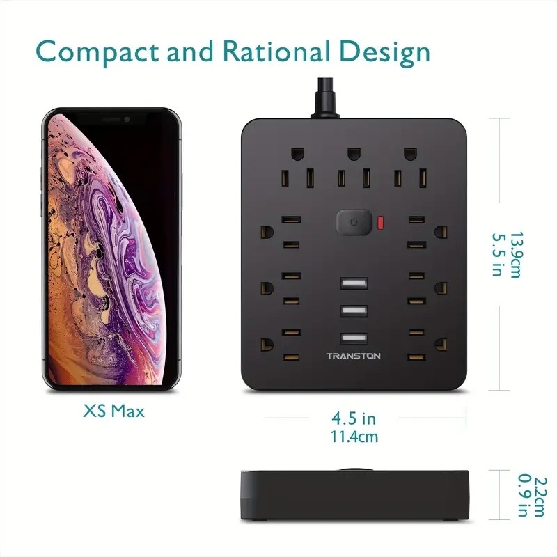 9 Outlets + 3 USB Ports, Fireproof Surge Protector Power Strip With 5ft Extension Cord, Wall Mountable Desktop Charging Station For Home & Office