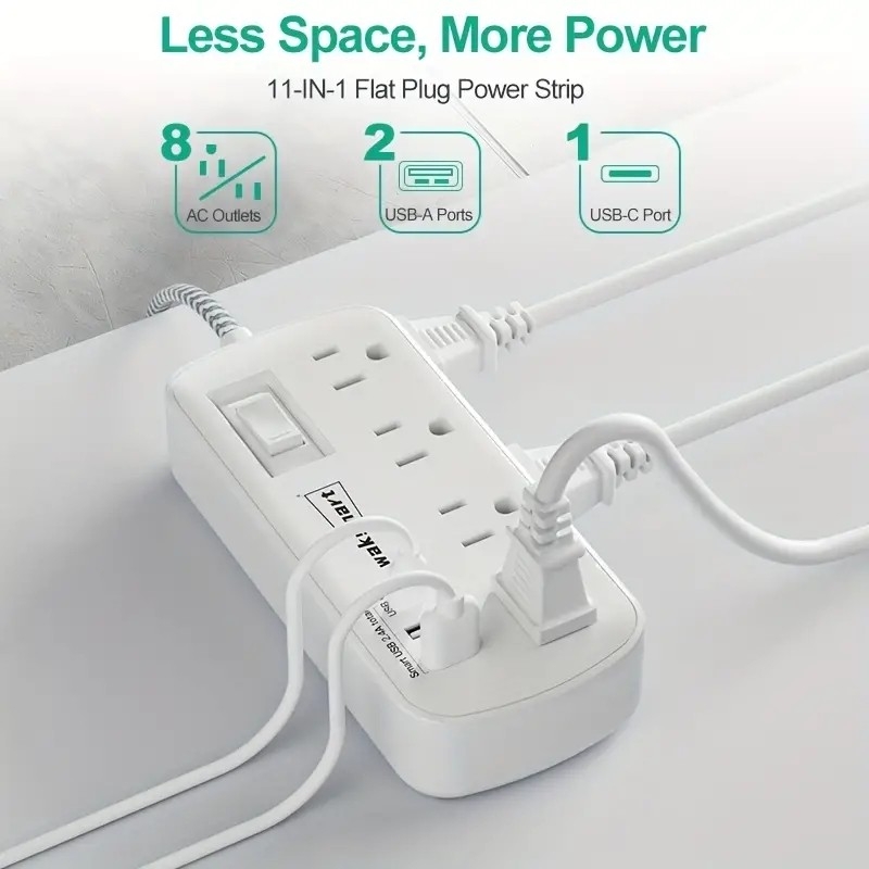 Waksmart Surge Protector Power Strip 15 Feet 8 AC Outlets 3 USB (1 USB C) 1080 Joules Long Braided Cord Wall Mountable For Home Office College Dorm 13A 1625W ETL Listed