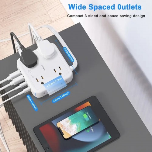 1pc 5 Ft Surge Protector Power Strip, 8 Widely Outlets With 4 USB Ports, 3 Side Outlet Extender With 6 Feet Extension Cord, Flat Plug, Wall Mount, Desk USB Charging Station