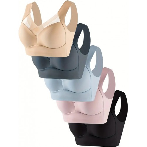 5pcs Simple Solid Contrast Mesh Bra, Comfy & Breathable Wireless Bra, Women's Lingerie & Underwear