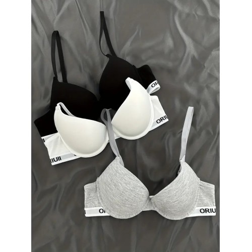 3pcs Letter Print Push Up Bras, Comfy & Breathable Intimates Bra, Women's Lingerie & Underwear