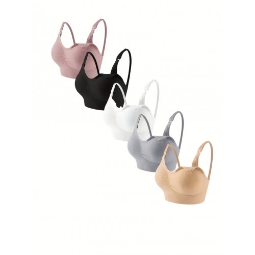 5Pcs Women's Maternity Solid Underwear Breast Feeding Bra, Pregnant Women's Clothing