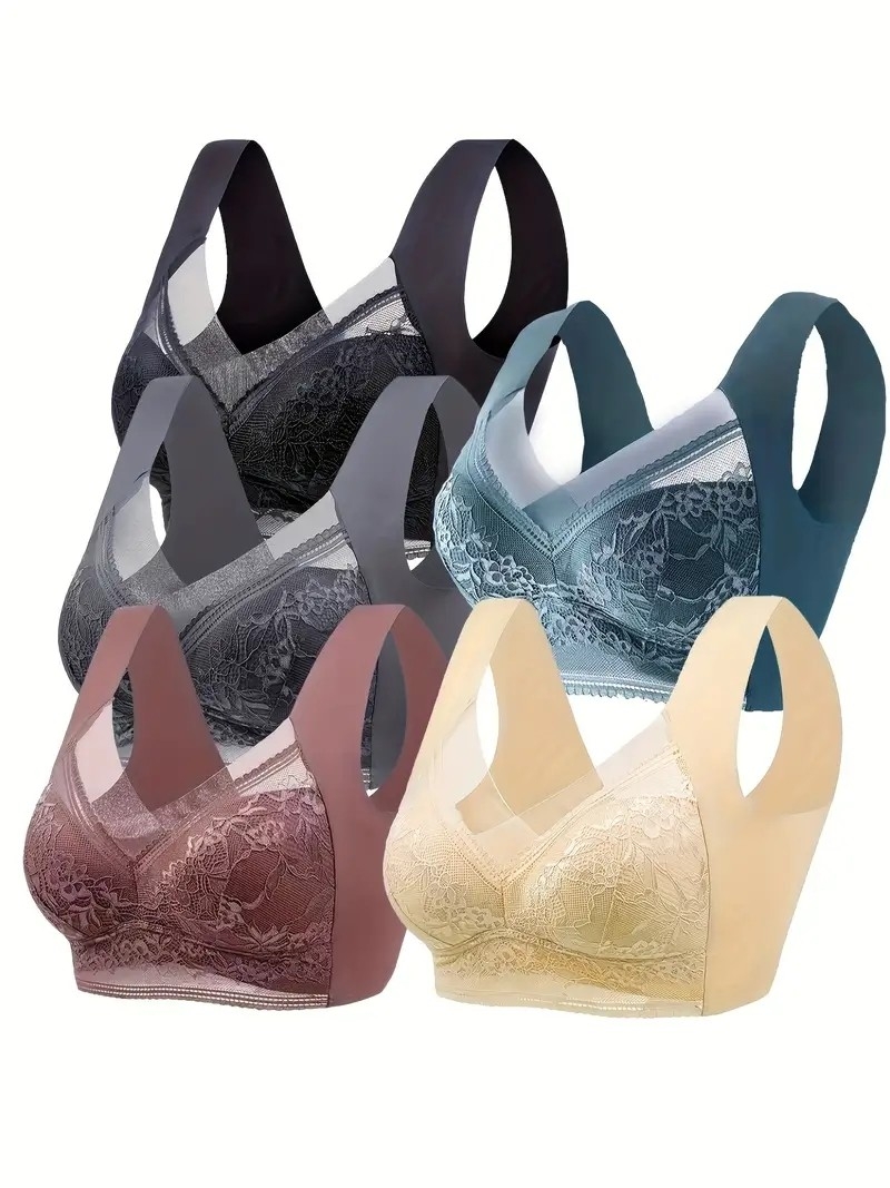 5pcs Contrast Lace Wireless Bras, Comfy & Breathable Push Up Bra, Women&#039;s Lingerie & Underwear