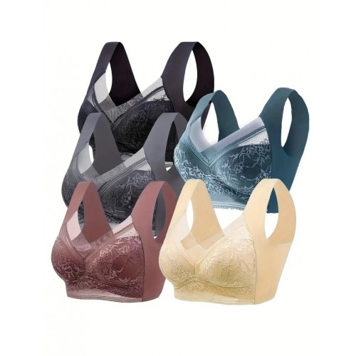 5pcs Contrast Lace Wireless Bras, Comfy & Breathable Push Up Bra, Women's Lingerie & Underwear