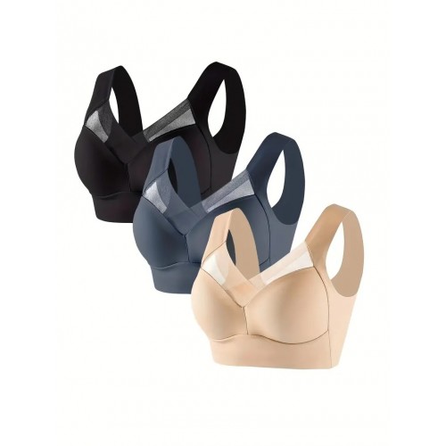 3pcs Contrast Mesh Wireless Bras, Comfy & Skin-friendly Everyday Intimates Bra, Women's Lingerie & Underwear