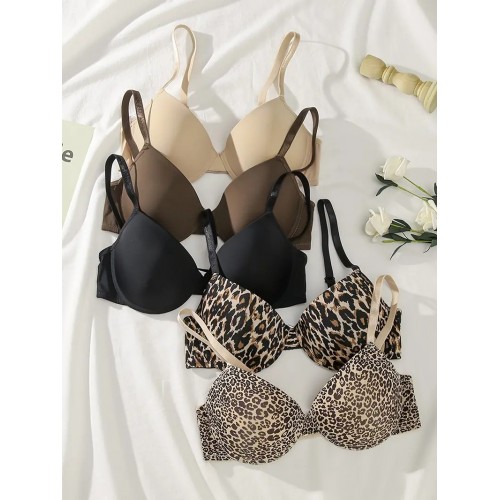 5pcs Leopard & Solid T-Shirt Bras, Comfy & Breathable Push Up Bra, Women's Lingerie & Underwear