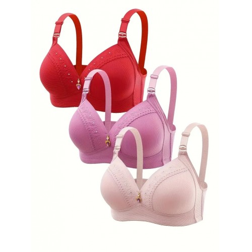 3pcs Contrast Lace Wireless Bras, Comfy Pendant Decor Push Up Bra, Women's Lingerie & Underwear