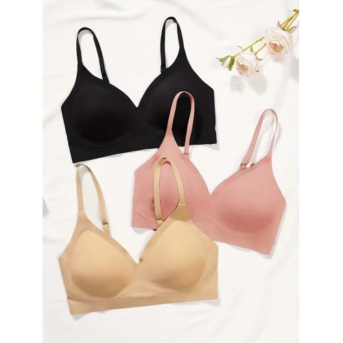 3pcs Seamless Solid Wireless Bras, Comfy & Breathable Push Up Intimates Bra, Women's Lingerie & Underwear