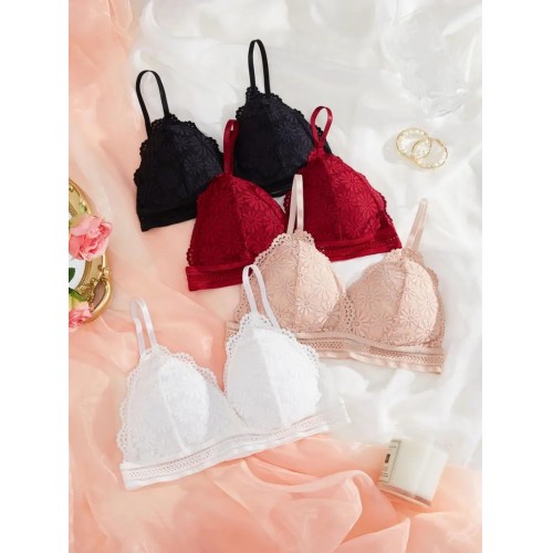 4pcs Contrast Lace Wireless Bras, Comfy & Elegant Scallop Trim Bra, Women's Lingerie & Underwear