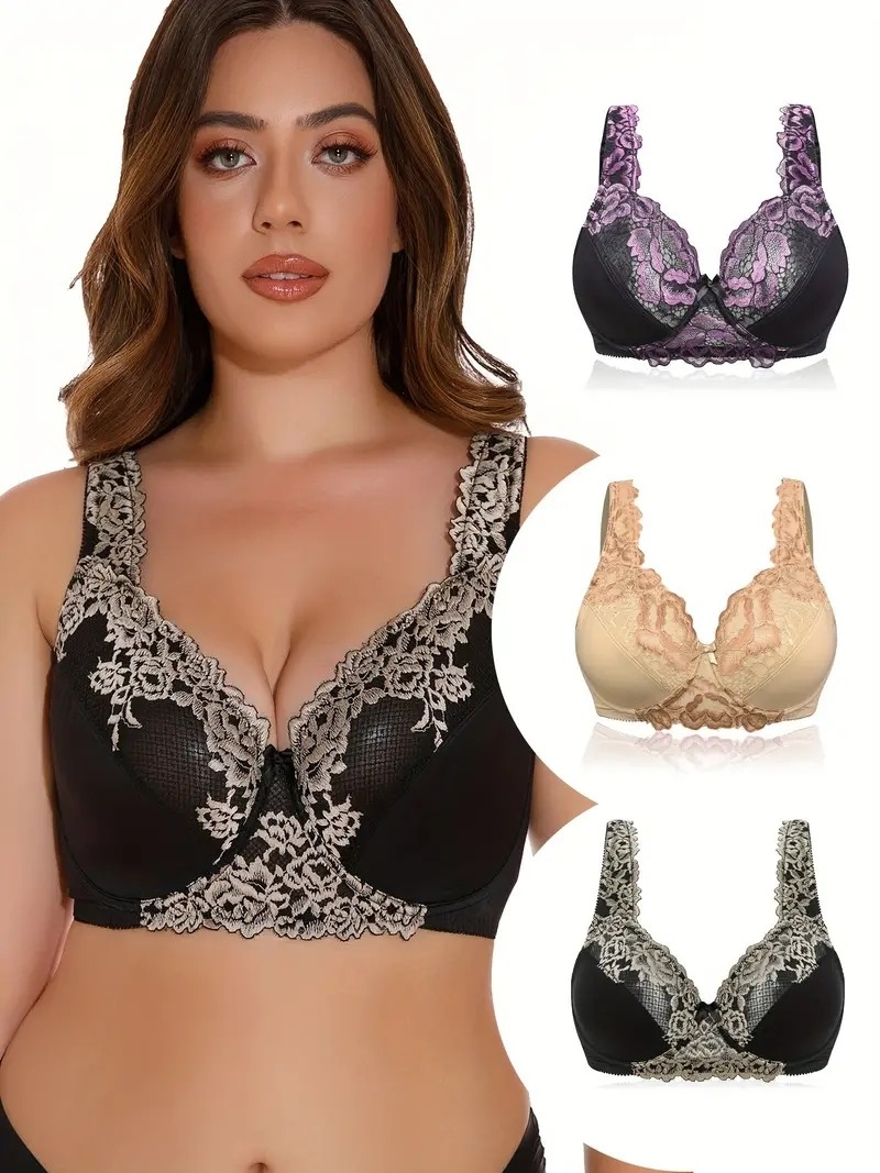 3 Pack Plus Size Sexy Bra Set, Women&#039;s Plus Floral Embroidered E Cup Non Padded Underwire Lace Bra 3pcs Set