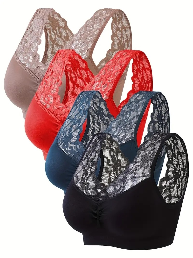 4 Pack Plus Size Elegant Bra Set, Women&#039;s Plus Contrast Lace Wireless Ruched High Stretch Yoga Running Bra With Removable Pads 4pcs Set