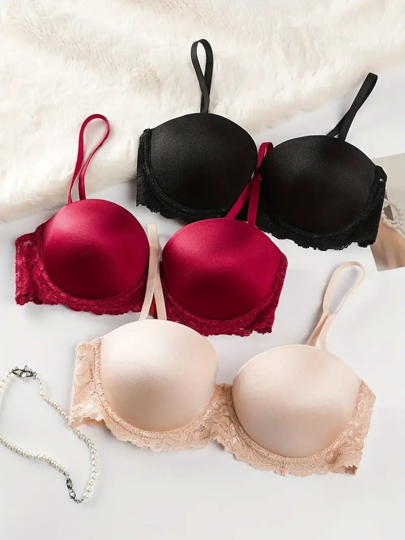 3pcs Simple Solid Contrast Lace Bra, Comfy & Breathable Push Up Bra, Women&#039;s Lingerie & Underwear