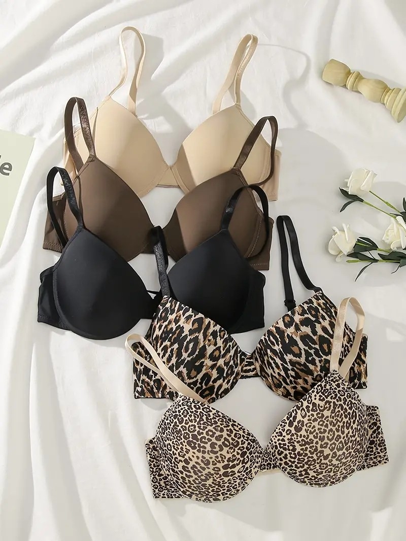 Adult Lingerie: Comfortable 5pcs Leopard & Solid T-Shirt Bras with Push-up Effect, Breathable Knit Fabric & Easy Hand Wash, Romantic Bundle for Women