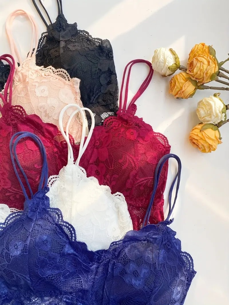 5-Pack Sexy Floral Lace Bralettes with Scallop Trim, Lightweight & Soft, Double Straps, Wireless Comfort, Removable Padding, Semi-Sheer, Hand Washable, Women&#039;s Lingerie & Underwear