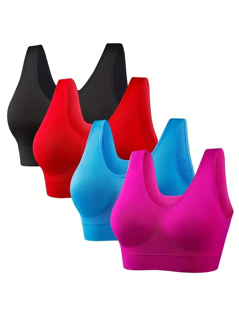 4-Pack Plus Size Breathable & Elegant Sports Bras for Women, Wireless Comfort & Support, Removable Padding, Medium Stretch Elastane & Nylon Material