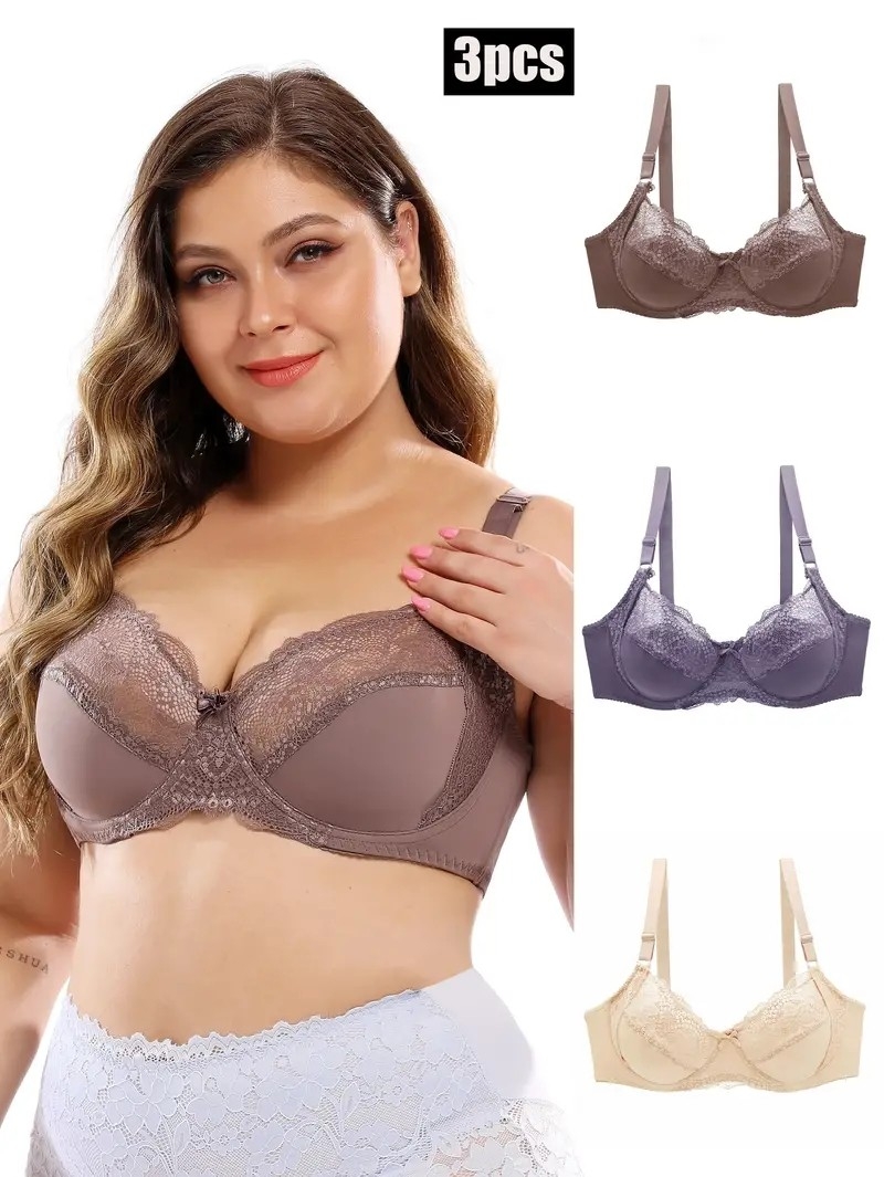 3 Pack Plus Size Sexy Bras Set, Women&#039;s Plus Contrast Lace Ultra-thin Breathable Underwire Bras 3pcs Set